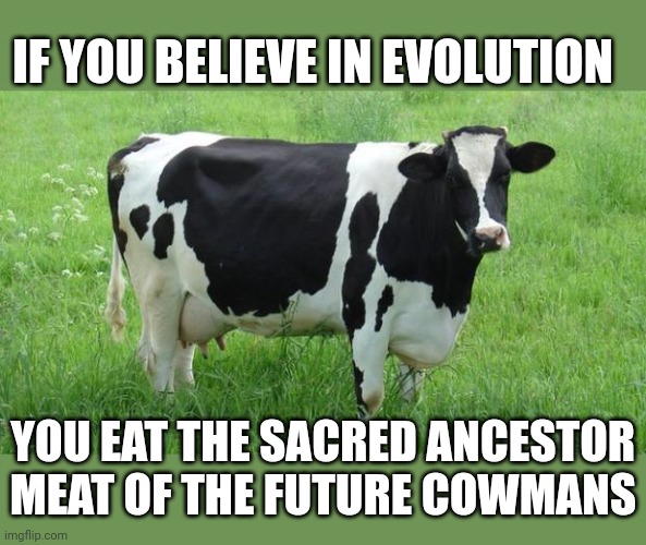 When you follow Darwin |  IF YOU BELIEVE IN EVOLUTION; YOU EAT THE SACRED ANCESTOR MEAT OF THE FUTURE COWMANS | image tagged in cow,evolution | made w/ Imgflip meme maker