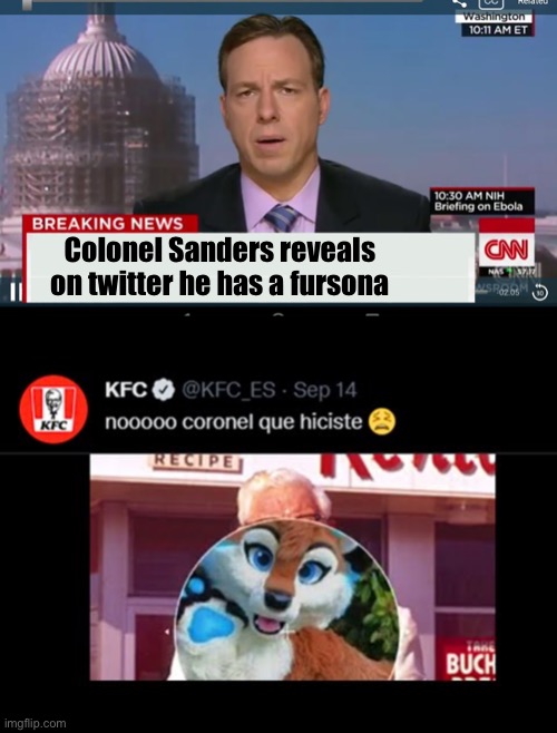 Colonel Sanders reveals on twitter he has a fursona | image tagged in cnn breaking news template | made w/ Imgflip meme maker