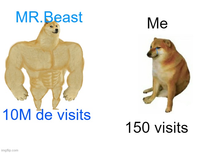 Me VS MR.Beast | MR.Beast; Me; 10M de visits; 150 visits | image tagged in memes,buff doge vs cheems | made w/ Imgflip meme maker