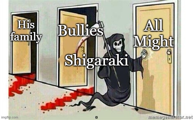 29 | All Might; Bullies; His family; Shigaraki | image tagged in grim reaper knocking door,mha | made w/ Imgflip meme maker