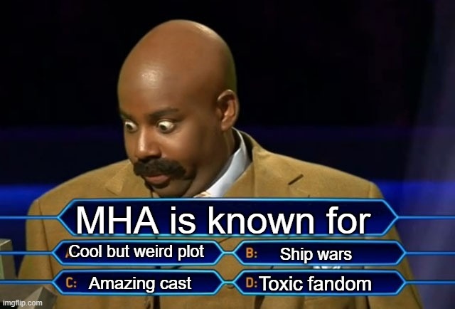 36 | MHA is known for; Cool but weird plot; Ship wars; Toxic fandom; Amazing cast | image tagged in who wants to be a millionaire,mha | made w/ Imgflip meme maker