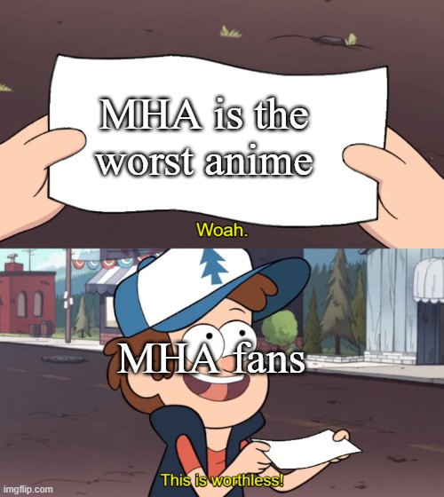 45 | MHA is the worst anime; MHA fans | image tagged in this is worthless,mha | made w/ Imgflip meme maker