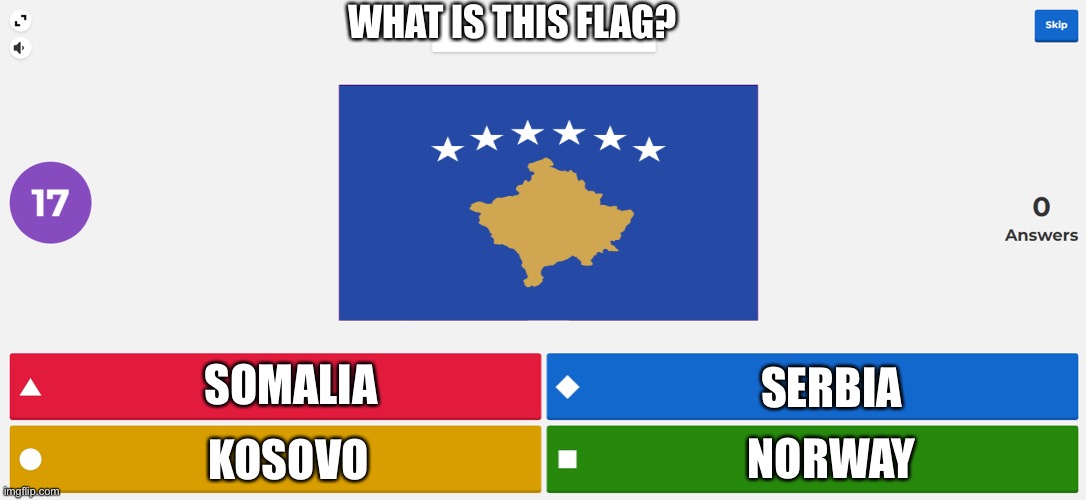 KAHOOT MEME | WHAT IS THIS FLAG? SOMALIA; SERBIA; NORWAY; KOSOVO | image tagged in kahoot meme | made w/ Imgflip meme maker