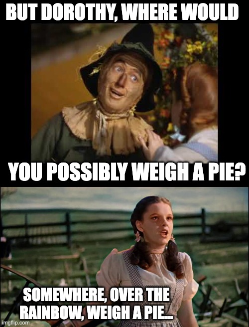 Oz | BUT DOROTHY, WHERE WOULD; YOU POSSIBLY WEIGH A PIE? SOMEWHERE, OVER THE RAINBOW, WEIGH A PIE... | image tagged in bad pun | made w/ Imgflip meme maker