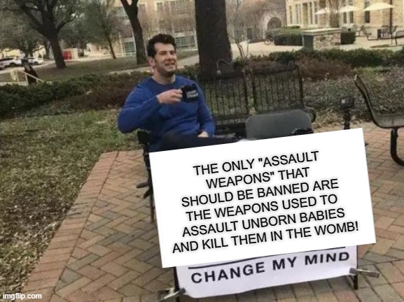 Ban THESE "Assault Weapons" Now! | THE ONLY "ASSAULT WEAPONS" THAT SHOULD BE BANNED ARE THE WEAPONS USED TO ASSAULT UNBORN BABIES AND KILL THEM IN THE WOMB! | image tagged in memes,change my mind,politics,abortion,abortion is murder,so true | made w/ Imgflip meme maker