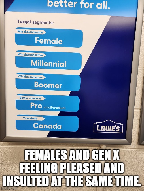 females & gen x | FEMALES AND GEN X FEELING PLEASED AND INSULTED AT THE SAME TIME. | image tagged in gen x,females | made w/ Imgflip meme maker