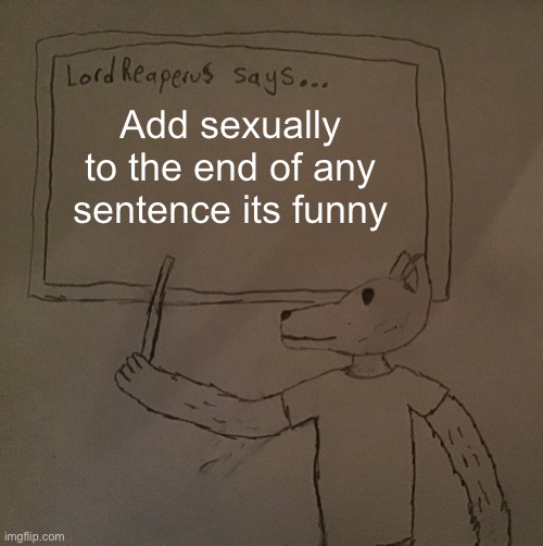 LordReaperus says | Add sexually to the end of any sentence its funny | image tagged in lordreaperus says | made w/ Imgflip meme maker
