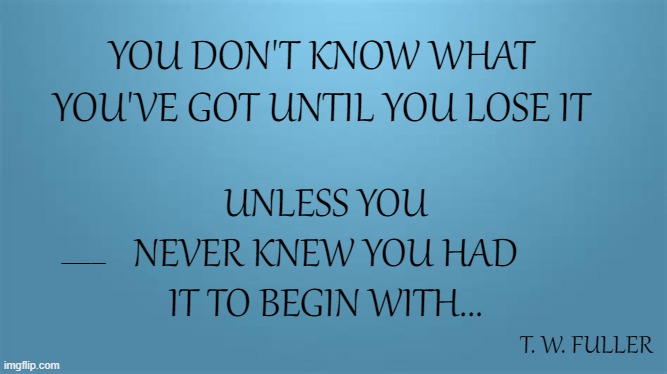 Quotable Quotes 3 | YOU DON'T KNOW WHAT YOU'VE GOT UNTIL YOU LOSE IT; UNLESS YOU NEVER KNEW YOU HAD IT TO BEGIN WITH... ___; T. W. FULLER | image tagged in memes,inspirational quote,inspirational,deep thoughts,quotes,inspirational memes | made w/ Imgflip meme maker