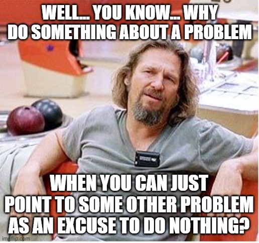 Big Lebowski | WELL... YOU KNOW... WHY DO SOMETHING ABOUT A PROBLEM WHEN YOU CAN JUST POINT TO SOME OTHER PROBLEM AS AN EXCUSE TO DO NOTHING? | image tagged in big lebowski | made w/ Imgflip meme maker