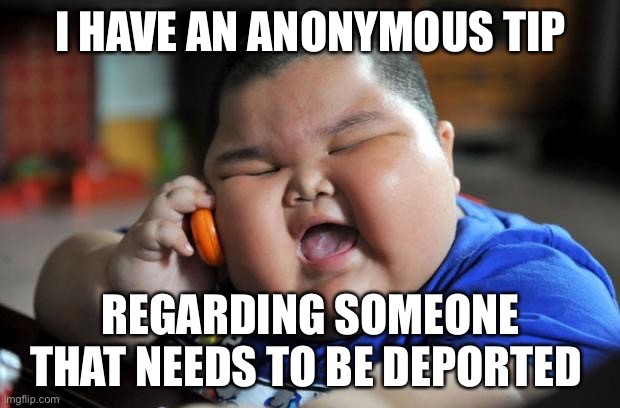 Fat Asian Kid | I HAVE AN ANONYMOUS TIP REGARDING SOMEONE THAT NEEDS TO BE DEPORTED | image tagged in fat asian kid | made w/ Imgflip meme maker