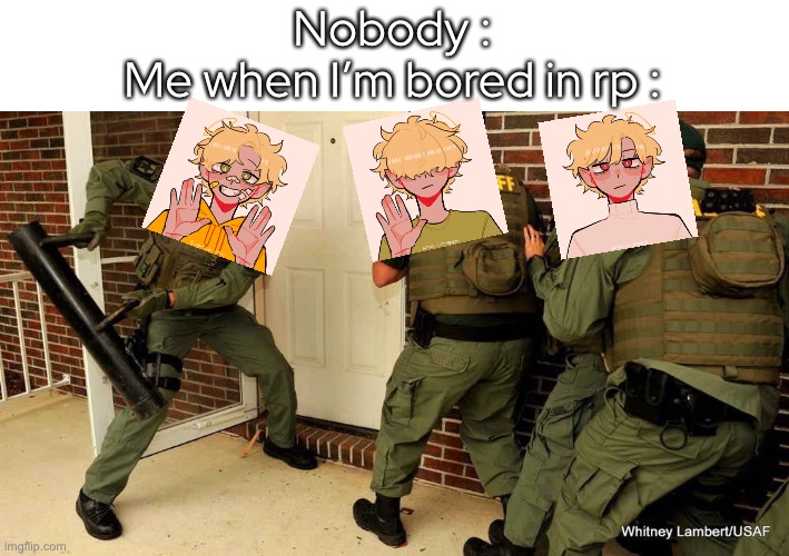 I always bring those brothers in… :] | Nobody :
Me when I’m bored in rp : | made w/ Imgflip meme maker