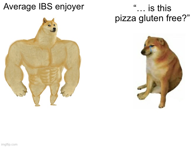 GF GF | “… is this pizza gluten free?”; Average IBS enjoyer | image tagged in memes,buff doge vs cheems | made w/ Imgflip meme maker