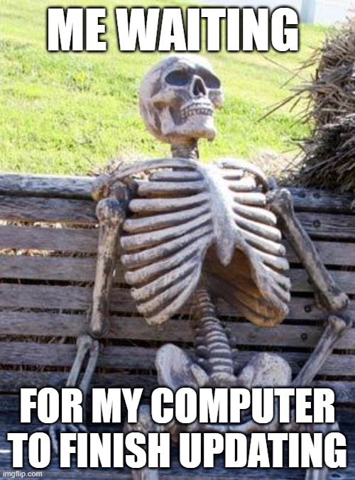 Waiting Skeleton Meme | ME WAITING; FOR MY COMPUTER TO FINISH UPDATING | image tagged in memes,waiting skeleton | made w/ Imgflip meme maker