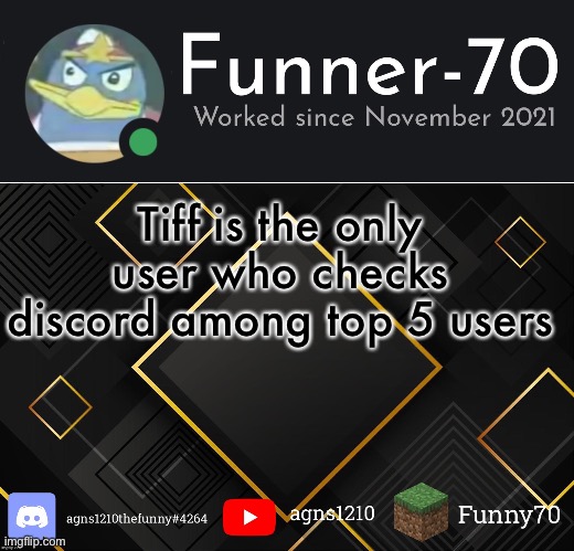 Funner-70’s Announcement | Tiff is the only user who checks discord among top 5 users | image tagged in funner-70 s announcement | made w/ Imgflip meme maker