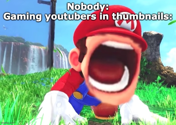 Clickbait on yt be like: | Nobody:
Gaming youtubers in thumbnails: | image tagged in mario screaming | made w/ Imgflip meme maker