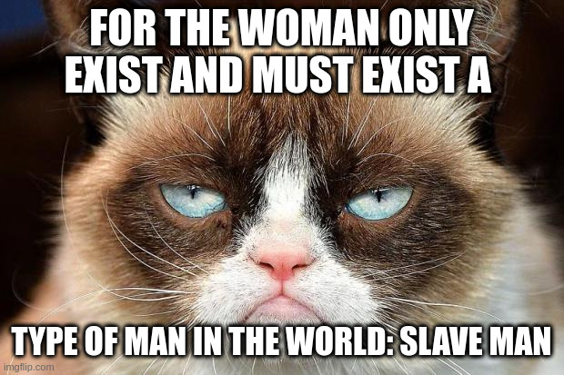 Slave man | FOR THE WOMAN ONLY EXIST AND MUST EXIST A; TYPE OF MAN IN THE WORLD: SLAVE MAN | image tagged in memes,grumpy cat not amused,grumpy cat | made w/ Imgflip meme maker