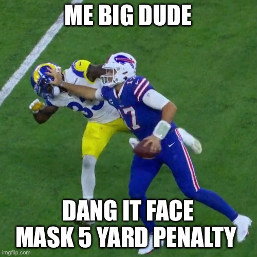 Josh Allen Stiff Arm | ME BIG DUDE; DANG IT FACE MASK 5 YARD PENALTY | image tagged in josh allen stiff arm | made w/ Imgflip meme maker