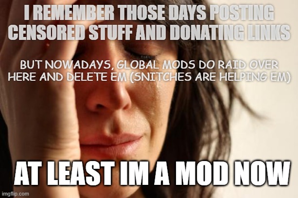 im cryin about it | I REMEMBER THOSE DAYS POSTING CENSORED STUFF AND DONATING LINKS; BUT NOWADAYS, GLOBAL MODS DO RAID OVER HERE AND DELETE EM (SNITCHES ARE HELPING EM); AT LEAST IM A MOD NOW | image tagged in memes,first world problems | made w/ Imgflip meme maker