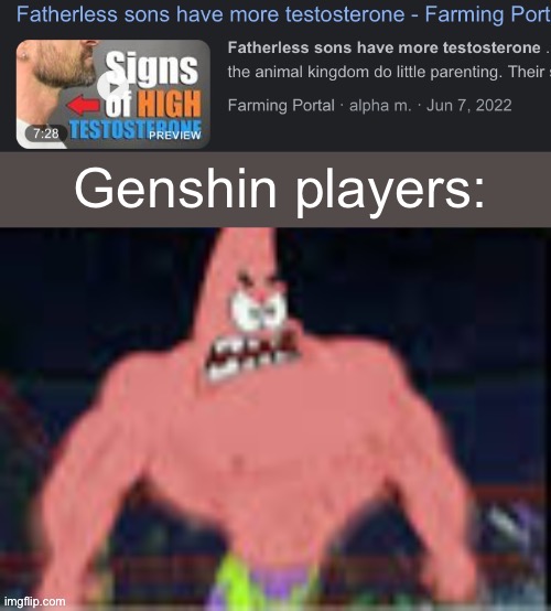 Fatherless sons have more testosterone | Genshin players: | image tagged in fatherless sons have more testosterone | made w/ Imgflip meme maker