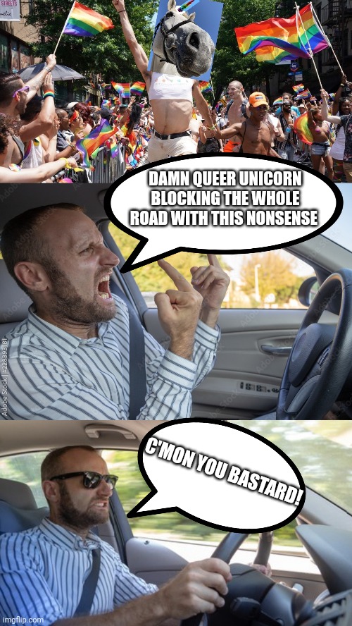 DAMN QUEER UNICORN BLOCKING THE WHOLE ROAD WITH THIS NONSENSE C'MON YOU BASTARD! | made w/ Imgflip meme maker