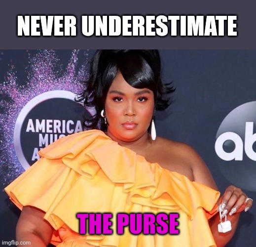 Lizzo Tiny Bag | NEVER UNDERESTIMATE THE PURSE | image tagged in lizzo tiny bag | made w/ Imgflip meme maker