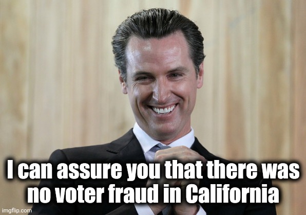 Scheming Gavin Newsom  | I can assure you that there was
 no voter fraud in California | image tagged in scheming gavin newsom | made w/ Imgflip meme maker
