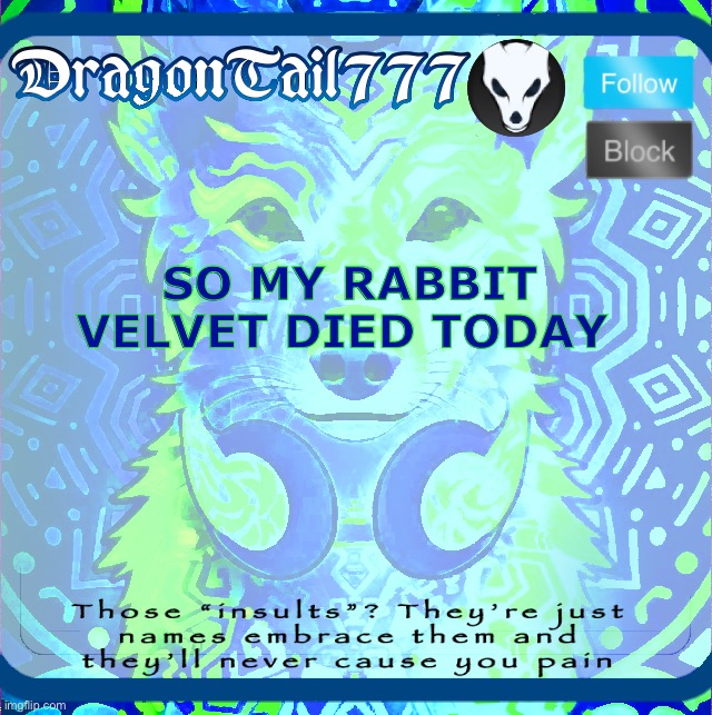 I really don’t know how to react :/ | SO MY RABBIT VELVET DIED TODAY | image tagged in dragontail777 template | made w/ Imgflip meme maker