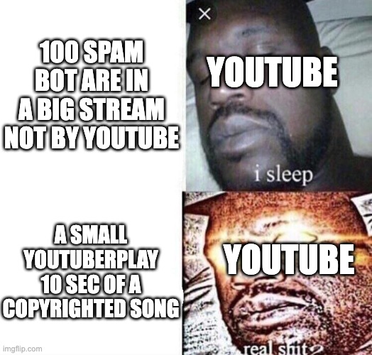 idk what to put here | 100 SPAM BOT ARE IN A BIG STREAM NOT BY YOUTUBE; YOUTUBE; A SMALL YOUTUBERPLAY 10 SEC OF A COPYRIGHTED SONG; YOUTUBE | image tagged in i sleep real shit | made w/ Imgflip meme maker