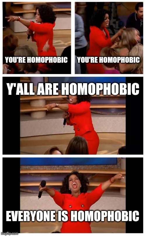 Preach Oprah | YOU'RE HOMOPHOBIC; YOU'RE HOMOPHOBIC; Y'ALL ARE HOMOPHOBIC; EVERYONE IS HOMOPHOBIC | image tagged in memes,oprah you get a car everybody gets a car | made w/ Imgflip meme maker