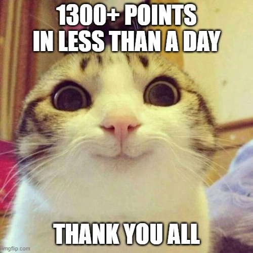 thank you all | 1300+ POINTS IN LESS THAN A DAY; THANK YOU ALL | image tagged in memes,smiling cat | made w/ Imgflip meme maker