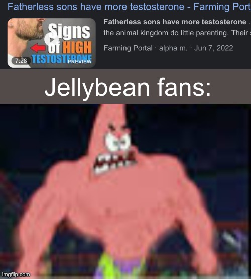Fatherless sons have more testosterone | Jellybean fans: | image tagged in fatherless sons have more testosterone | made w/ Imgflip meme maker