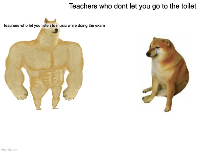 School memes | Teachers who dont let you go to the toilet; Teachers who let you listen to music while doing the exam | image tagged in memes,buff doge vs cheems | made w/ Imgflip meme maker