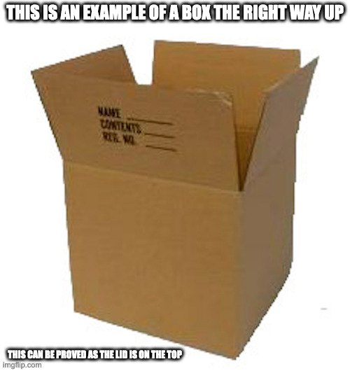 Corrugated Box | THIS IS AN EXAMPLE OF A BOX THE RIGHT WAY UP; THIS CAN BE PROVED AS THE LID IS ON THE TOP | image tagged in box,memes | made w/ Imgflip meme maker