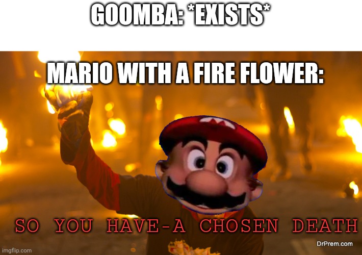 I love the Nejapan balls of fire festival ;) |  GOOMBA: *EXISTS*; MARIO WITH A FIRE FLOWER:; SO YOU HAVE-A CHOSEN DEATH | image tagged in mario,fire | made w/ Imgflip meme maker