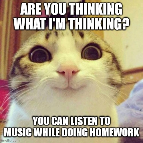 The key is to work on your music | ARE YOU THINKING WHAT I'M THINKING? YOU CAN LISTEN TO MUSIC WHILE DOING HOMEWORK | image tagged in memes,smiling cat,music,homework | made w/ Imgflip meme maker