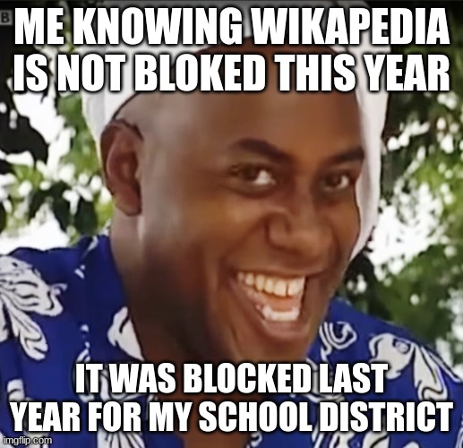 T | ME KNOWING WIKAPEDIA IS NOT BLOKED THIS YEAR; IT WAS BLOCKED LAST YEAR FOR MY SCHOOL DISTRICT | image tagged in hehe boi | made w/ Imgflip meme maker