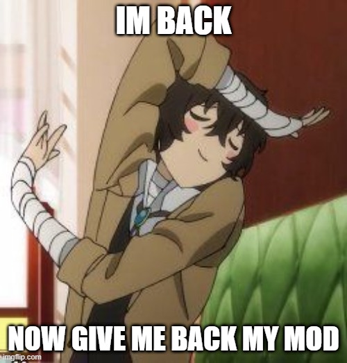 sorry legally if misbehaved last time, was just a bit too protective |  IM BACK; NOW GIVE ME BACK MY MOD | made w/ Imgflip meme maker
