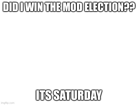 It’s Saturday! | DID I WIN THE MOD ELECTION?? ITS SATURDAY | image tagged in blank white template | made w/ Imgflip meme maker