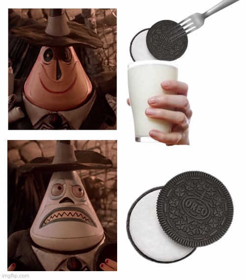 The correct way to eat Oreos is to stick them on a fork and hold them under the milk til there’s no bubbles | image tagged in mayor nightmare before christmas two face comparison | made w/ Imgflip meme maker