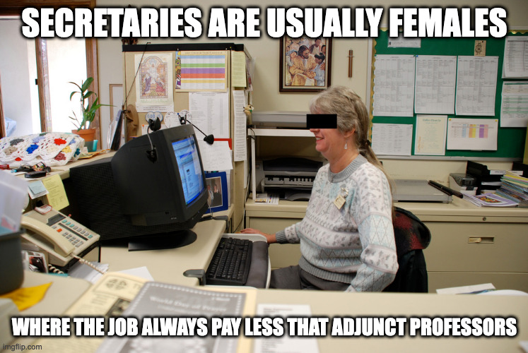 Secretary | SECRETARIES ARE USUALLY FEMALES; WHERE THE JOB ALWAYS PAY LESS THAT ADJUNCT PROFESSORS | image tagged in secretary,memes,job | made w/ Imgflip meme maker