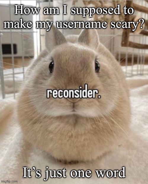 For Halloween | How am I supposed to make my username scary? It’s just one word | image tagged in reconsider | made w/ Imgflip meme maker