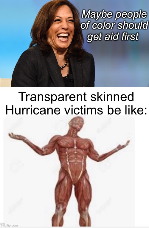 White =absence of all colors according to progressives | Maybe people of color should get aid first; Transparent skinned Hurricane victims be like: | image tagged in kamala harris laughing,politics lol,memes | made w/ Imgflip meme maker