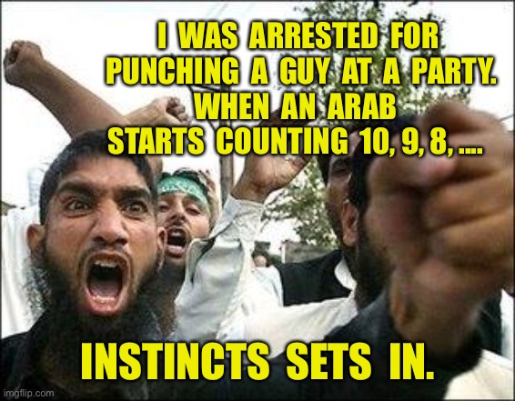 Arab | I  WAS  ARRESTED  FOR  PUNCHING  A  GUY  AT  A  PARTY.
WHEN  AN  ARAB  STARTS  COUNTING  10, 9, 8, .... INSTINCTS  SETS  IN. | image tagged in angry arab,arrested,punching a guy,arah counting 10,9 | made w/ Imgflip meme maker