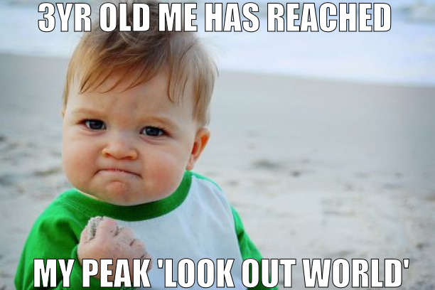 IM IN IT TO WIN IT ! | 3YR OLD ME HAS REACHED; MY PEAK 'LOOK OUT WORLD' | image tagged in memes,success kid original | made w/ Imgflip meme maker