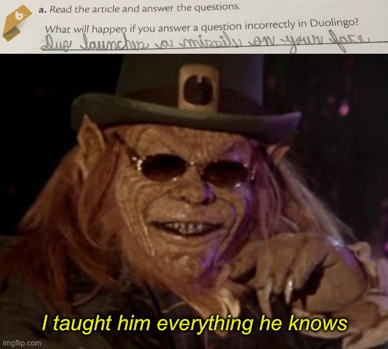 yes | I taught him everything he knows | image tagged in leprechaun i taught him everything he knows,not funny,unfunny,duolingo,duo gets mad,brazil | made w/ Imgflip meme maker