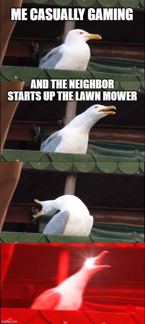 anyone else? | ME CASUALLY GAMING; AND THE NEIGHBOR STARTS UP THE LAWN MOWER | image tagged in memes,inhaling seagull,neighbors,gardening,lol,relatable | made w/ Imgflip meme maker