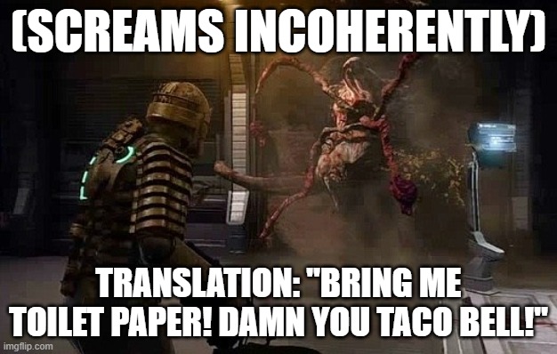 (SCREAMS INCOHERENTLY); TRANSLATION: "BRING ME TOILET PAPER! DAMN YOU TACO BELL!" | made w/ Imgflip meme maker