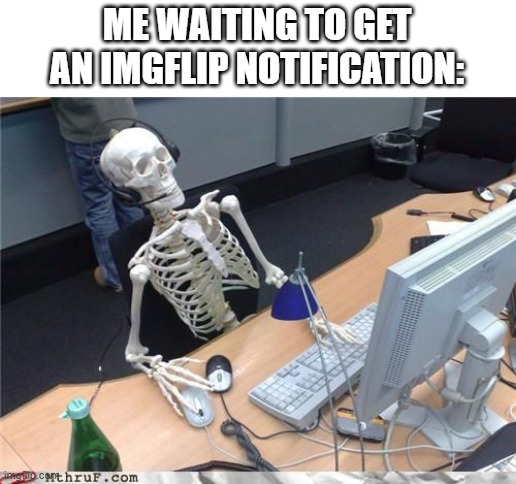 one eternity laytaerl | ME WAITING TO GET AN IMGFLIP NOTIFICATION: | image tagged in skeleton computer,spooky season | made w/ Imgflip meme maker