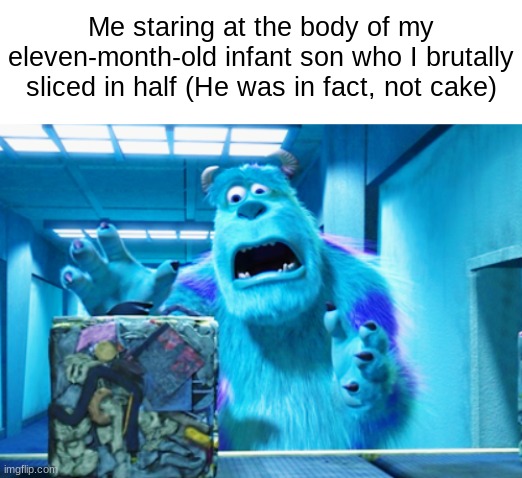 The TikTok lied to me... | Me staring at the body of my eleven-month-old infant son who I brutally sliced in half (He was in fact, not cake) | image tagged in memes | made w/ Imgflip meme maker