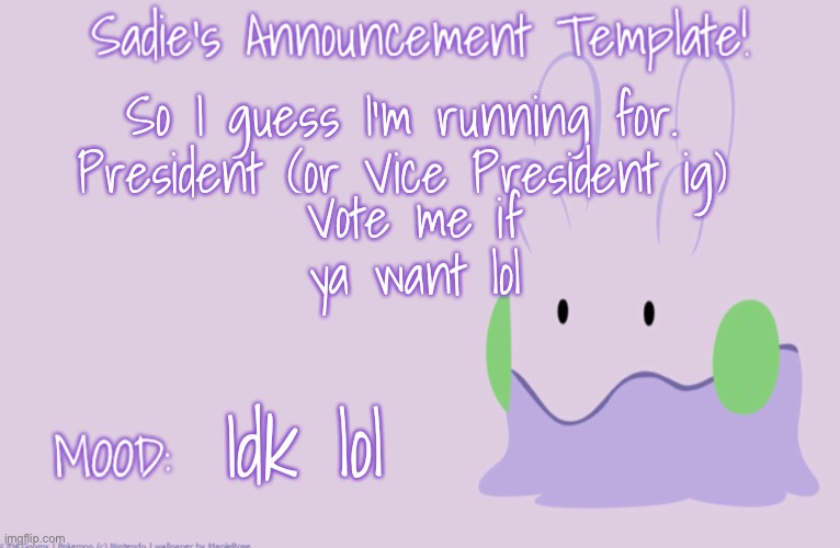 I don’t expect to win but fun idea lol | Vote me if ya want lol; So I guess I’m running for. President (or Vice President ig); Idk lol | image tagged in sadies temp | made w/ Imgflip meme maker
